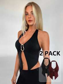 3件套 Aloruh 度假休闲吊带背心，金属扣露背不对称下摆上衣，黑/红，适合假日、约会、下午茶、度假、音乐节、波西米亚风等场合，春季女士背心，吊带上衣 - 彩色 - 查看 3