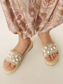 Styleloop 女士平底凉鞋，波西米亚风，复古美式，波西米亚风，西部音乐节，派对装扮 - 卡其1 - 查看 2