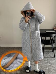 DAZY Women's Thick Quilted Cable Textured Loose Fit Robe, Winter - Grey - View 3