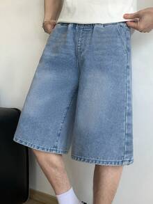青少年男孩时尚返校节街头服饰混搭百搭设计复古酷炫街头宽松舒适简约抽绳松紧腰设计蓝色牛仔短裤日常穿着及春夏锐舞节和街头服饰 - 藍色 - 查看 7