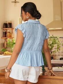 Freevana Plus Size Summer Minimalist Solid Color Textured Front Tie Shirt - Baby Blue - View 2