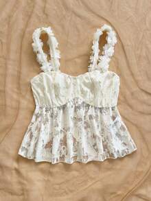 Soleia 女士夏季度假风提花薄纱花卉装饰吊带娃娃衫，适合夏季假期、海滩度假、休闲穿着，可爱夏季上衣 - 白色 - 查看 4