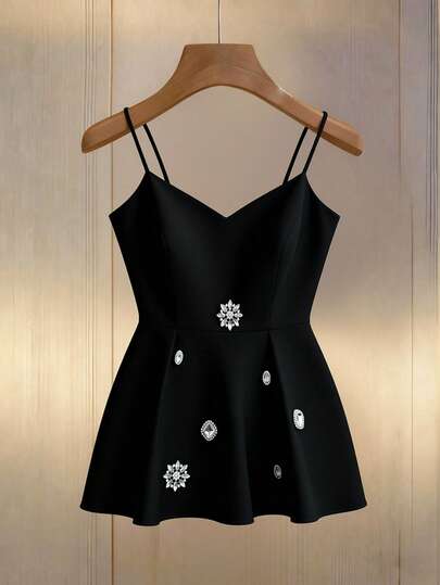 Franclia Elegant And Sexy Camisole Top With Heavy Rhinestone Embellishments, Slimming And Waist-Cinching Design, 2026 New Style Women's Vest Top, Fashionable Top, Elegant Women's Outfit, Summer Outfit, Women's Valentine's Day Outfit, Party Top, Elegant Women's Top, Black Camisole Top