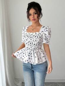 Elenzga 女士优雅碎花修身衬衫 - 白色 - 查看 4