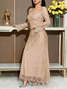 Feyla 女士优雅纯色蕾丝连衣裙 - 卡其色 - 查看 5