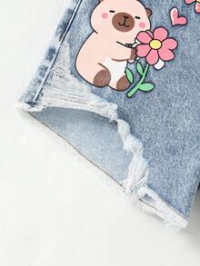 SHEIN Sparklyn 少女款重度水洗卡通拼接印花做旧休闲牛仔短裤 - 淺色水洗藍 - 查看 3