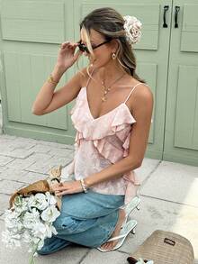 Serisse Women's Elegant Dusty Pink Summer Textured Ruffle Strap Camisole Top,French Lace V-Neck Asymmetric Top,Casual Y2K Dining Beach Party Top - Dusty Pink - View 6