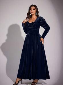 Viva Relle Plus Size Solid Color Sweetheart Neck Draped Elegant Long Sleeve Dress - Royal Blue - View 5