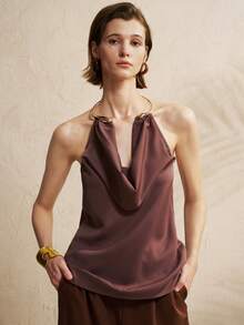 INAWLY Sexy Pleated Collar Draped Neck Backless Camisole Top For Women - Coffee Brown - View 1