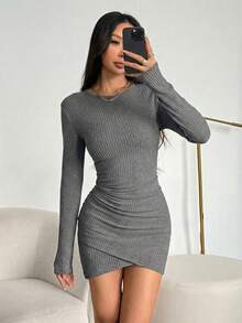 SHEIN PETITE 女款黑色抓皺腰高領緊身短洋裝，秋季外出上衣，適合嬌小女性 - 深灰色 - 查看 3