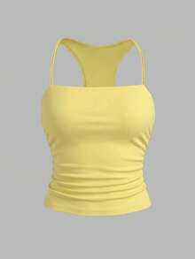 Airaco Women's Solid Color Pleated Fitted Casual Camisole - Light Yellow - View 4