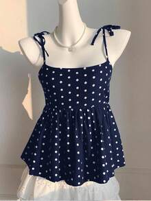 Comfortcana 藏蓝色波点A字休闲加大码无袖吊带背心，适合春夏穿着 - 藏蓝色 - 查看 4