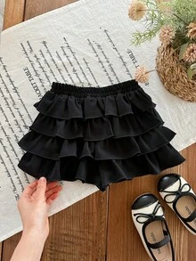 SHEIN 女宝宝夏季可爱度假休闲百搭黑色荷叶边弹力腰迷你裙 - 黑色 - 查看 9