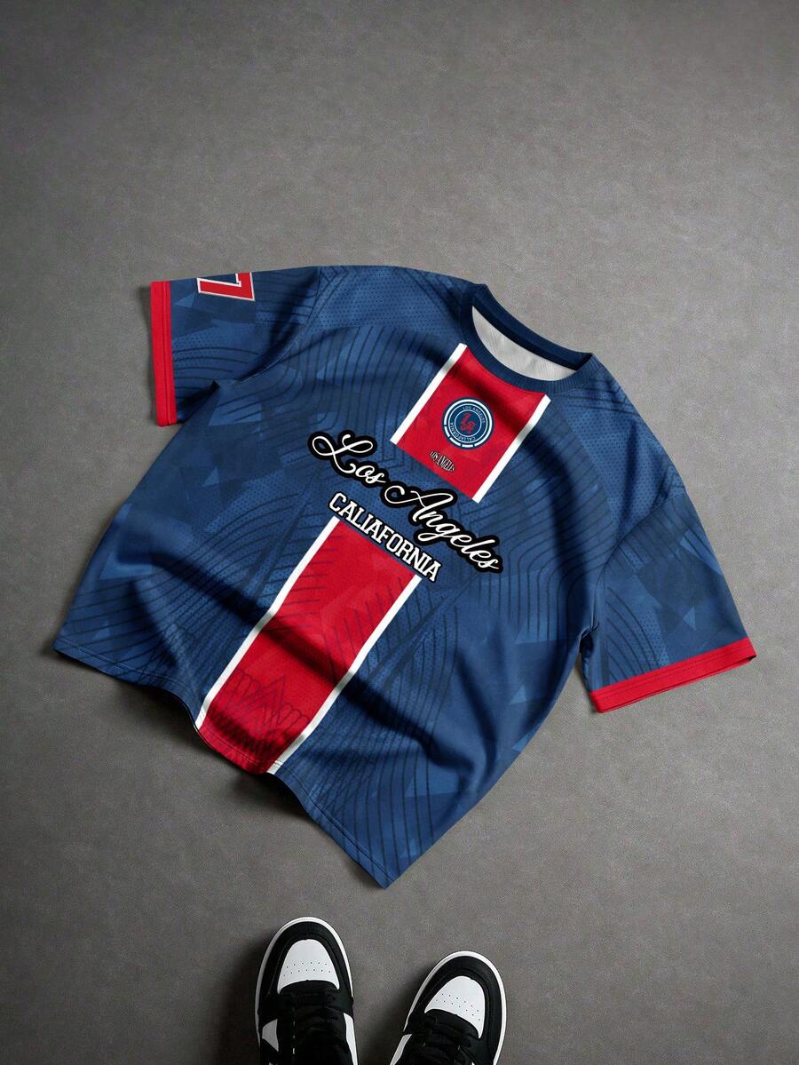 Aesthetic Post Áo thun Jersey kẻ sọc chuyển màu hợp tác với Barcelona và NY, số 9, tay ngắn, thương hiệu thời trang đường phố Mỹ, hàng hóa dành cho người hâm mộ, áo thun rộng rãi thoải mái unisex. - Màu xanh lam - Xem 1