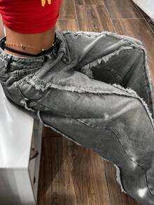 SHEIN ICON Plus Size Women Vintage Washed Denim Jeans, Autumn/Winter - Light Grey - View 4