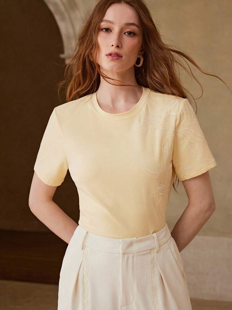 WOMEN'S EMBROIDERED SHORT SLEEVE T-SHIRT, SUITABLE FOR DATES, SPRING/SUMMER