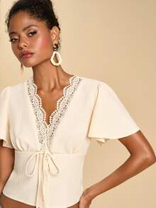 Travachic Women's Romantic Lace Trim Tie Front Cropped Shirt, Summer - Pink - View 1