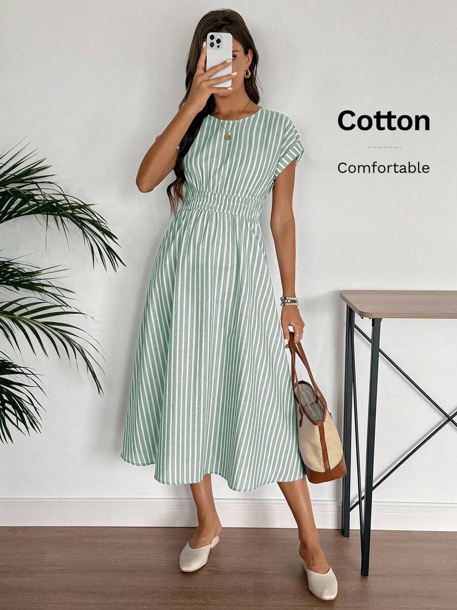 EMERY ROSE Women's Fresh Striped Round Neck Short Sleeve Dress Green