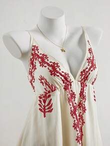 SHEIN Unity Đầm hai dây dáng chữ A rộng rãi, thắt eo, in họa tiết kỳ nghỉ hè. - Đỏ - Xem 3