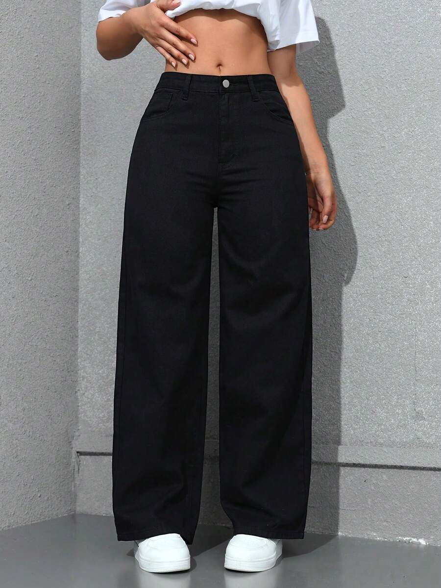 SHEIN Unity 大码女式黑色无弹修身直筒牛仔裤,春季穿搭 - 黑色 - 查看 1