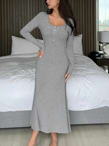 DAZY Faux Placket Design Slim Fit Long Knit Loungewear Dress - Grey - View 4