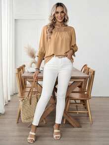 SHEIN LUNE Blus Wanita Kasual Serbaguna Warna Polos dengan Tekstur Ruffle dan Lengan Lentera Setengah Lengan, Musim Semi/Panas - Khaki - View 6