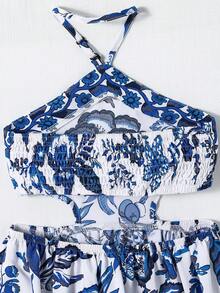 SHEIN 夏季少女碎花印花露背高开衩镂空腰部沙滩长裙 - 藍色 - 查看 6