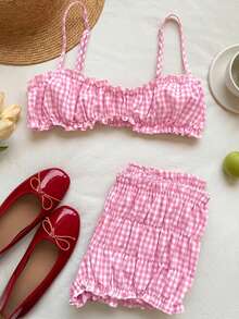 Comfortcana 女士荷叶边格子吊带背心和短裤两件套 - 粉色 - 查看 4