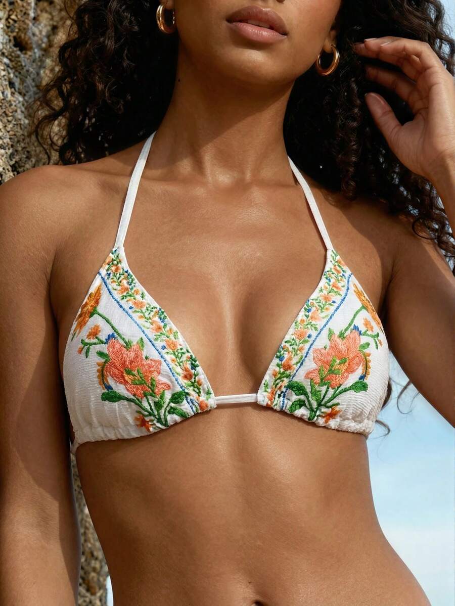 CAJUNI 白色夏季针织修身三角挂脖上衣，系带可调节，低腰侧系带比基尼泳裤，刺绣花卉图案，波西米亚风沙滩装，度假泳装，复古花卉沙滩风，适合泳池派对和夏季假期，夏季度假装，春季服装，情人节，狂欢节服装，女士狂欢节服装，沙滩装，女士度假装，女士休闲装，派对装。 - 米色 - 查看 1