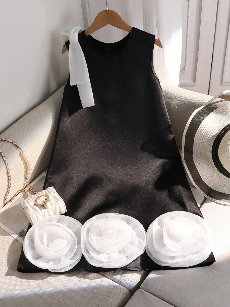 Girls' Elegant Princess Black And White Summer Party Dress,Sleeveless Contrast Color Bow & 3D Floral Decor Mid-Length A-Line Casual Dress For Tweens - Black and White - View 1