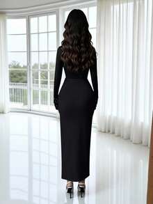 Rafferiza 时尚都市新款女士秋冬撞色优雅高领珍珠袖口高腰V领褶皱珍珠装饰修身连衣裙，适合通勤、毕业派对、节日活动、约会、聚会等场合。 - 黑色 - 查看 2