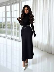 Rafferiza 时尚都市新款女士秋冬撞色优雅高领珍珠袖口高腰V领褶皱珍珠装饰修身连衣裙，适合通勤、毕业派对、节日活动、约会、聚会等场合。 - 黑色 - 查看 4