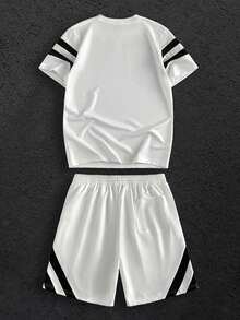 HIMLAND 男士条纹字母印花圆领短袖T恤和抽绳短裤套装 男士两件套 夏季男士街头服饰套装 男士两件套 白色男士套装 男士黑白套装 - 彩色 - 查看 3