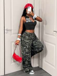 BamGleam2026 Summer Streetwear Women's Black And White Racing Style Sports Print Sleeveless Tank Top,Slim V-Neck Incision Design Night Out Clothing - Black - View 3