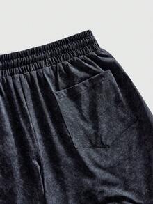 ROMWE MEN Goth Men's Centipede Embroidery Drawstring Waist Pocket Casual Shorts - Black - View 6