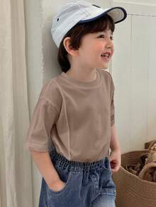 Hapijoa Young Boy Casual Everyday Commute Simple Solid Color Dropped Shoulder Loose T-Shirt, Summer Spring - Coffee Brown - View 1