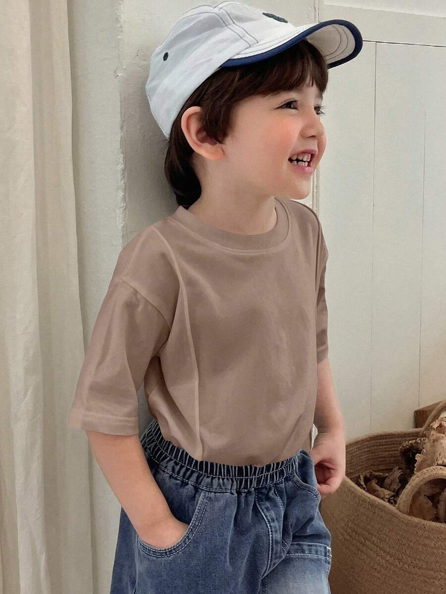 Hapijoa Young Boy Casual Everyday Commute Simple Solid Color Dropped Shoulder Loose T-Shirt, Summer Spring - Coffee Brown - View 1