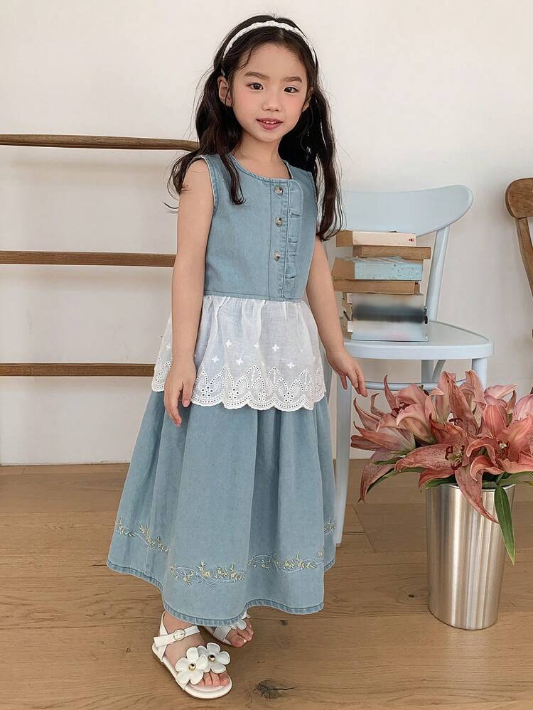 2pcs Young Girls Round Neck Contrast Lace Denim Top And Denim Skirt Set, Fall Outfit