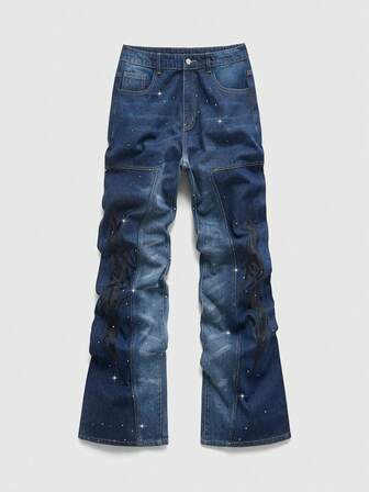 Street Life Jeans casual da uomo alla moda con ricamo di strass e lavaggio sfumato a campana