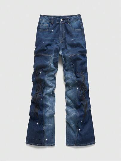 Street Life Jeans casual da uomo alla moda con ricamo di strass e lavaggio sfumato a campana