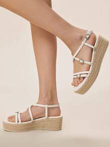 Styleloop 女士编织绳坡跟凉鞋，度假风波西米亚复古美式西部音乐节派对装扮 - 米白色 - 查看 4