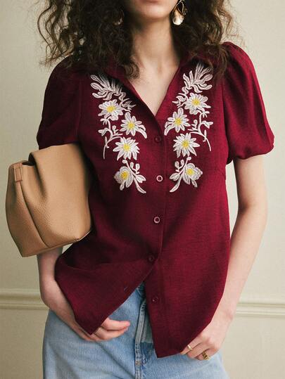 Écloséra Camisa con botones con bordado floral, cuello en V y mangas farol en estilo vintage francés burdeos para mujer