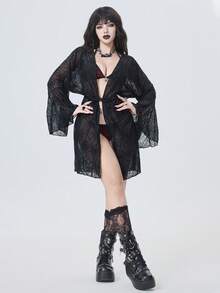 ROMWE Goth 2026 最新款黑色蜘蛛网纹理面料超大袖子，抽绳腰带设计，夏季沙滩泳池派对哥特风女式泳衣罩衫 - 黑色 - 查看 1