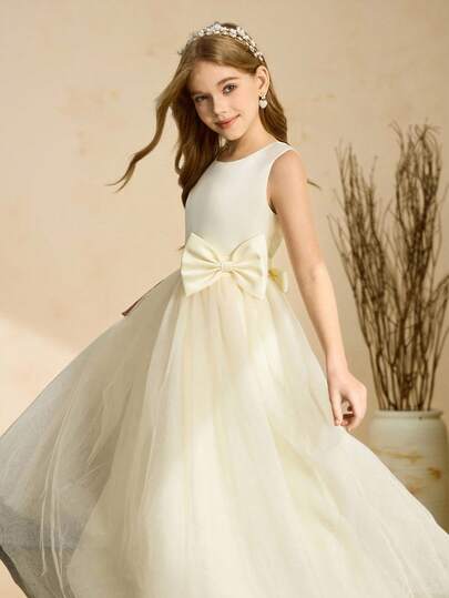 女童无袖蝴蝶结长裙，花童高端钢琴表演公主裙，生日派对礼服