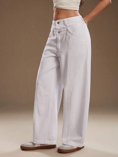 TRNVIE Women's Casual Daily Solid Color Slant Pocket Loose Fit Denim Pants