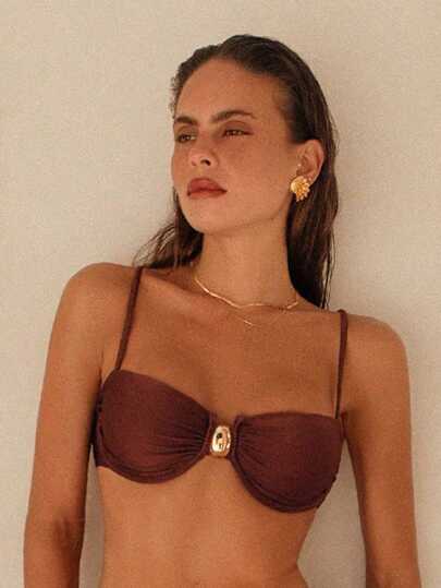 Swim Chiccia Solid Color Underwire Detachable Padded Swimwear Top With Metal Decor, Suitable For Beach, Vacation, Casual Push Up Bikini Top Bikini Top Push Up Brown Bathing Suit Women Brown Bikini Top Push Up Bra Swimsuit