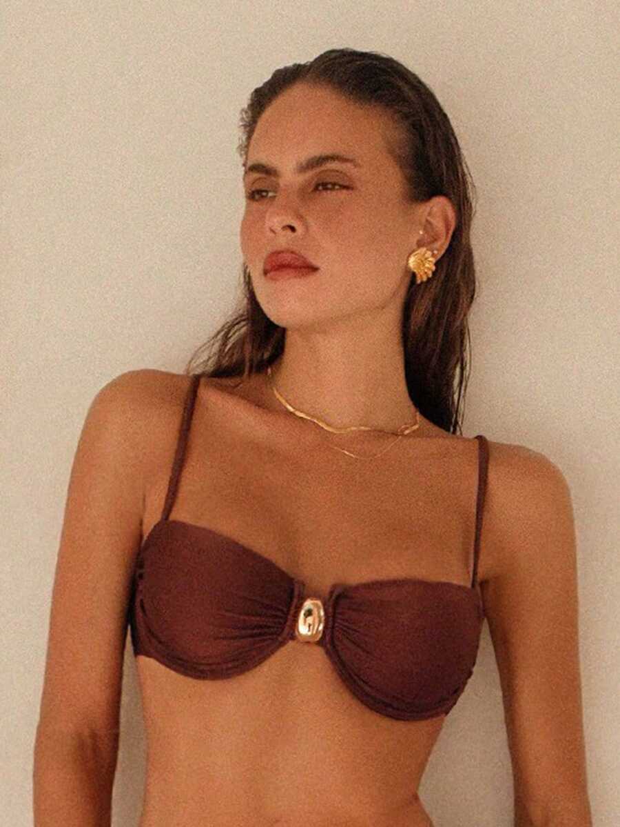 Swim Chiccia Solid Color Underwire Detachable Padded Swimwear Top With Metal Decor, Suitable For Beach, Vacation, Casual Push Up Bikini Top Bikini Top Push Up Brown Bathing Suit Women Brown Bikini Top Push Up Bra Swimsuit - Coffee Brown - View 1