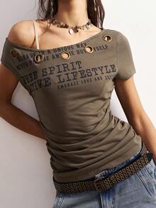 Bohemela 女士休闲纯色针织拼接字母印花不对称领短袖T恤 - 軍綠色 - 查看 1