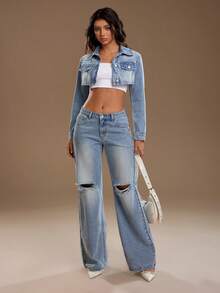 TRNVIE Women's Pocket Cropped Front Button Casual Long Sleeve Denim Jacket - Blue - View 5