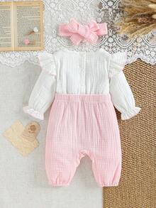 SHEIN Baby Girls' Pink Autumn Cute Matching Family Jumpsuit Double-Layer Ruffle Collar Long Sleeve Patchwork Bow Bodysuit With Detachable Headband Simple - Pink - View 2